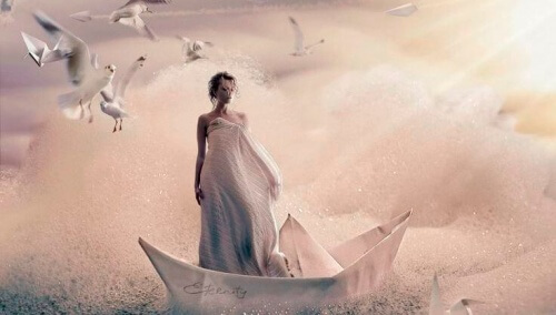 kağıttan teknede kadın ve uçan kuşlar