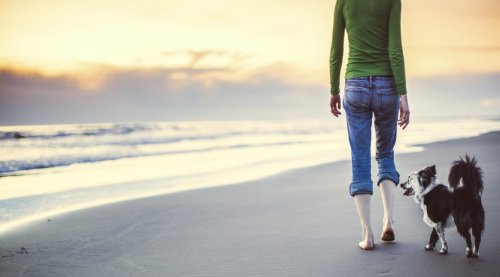 sahilde köpek ile yürüyüş yapan kadın