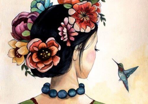 saçları çiçekli kadın ve kuş