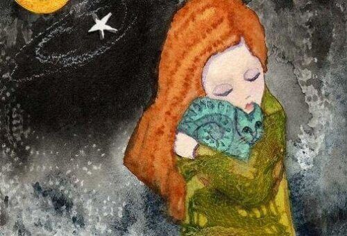 kedisine sarılan kız resmi