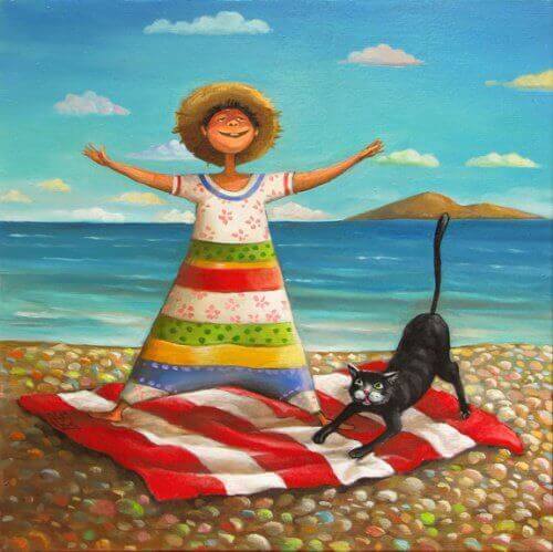 sahilde kadın ve kedi çizimi