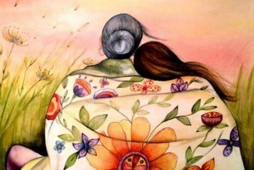 arkası dönük yaşlı ve genç kadın çizimi