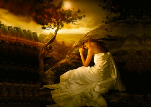 bir kadın ve ağaç içeren resim