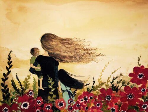 çiçek tarlasında rüzgarda duran aile