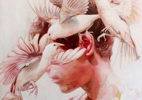 üzgün adam ve kuşlar kırmızı resim