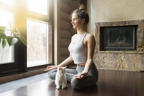 şömine önünde kedisi ile birlikte meditasyon yapan kadın