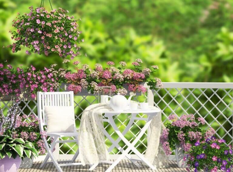 çiçeklerle süslü balkon bahçesi