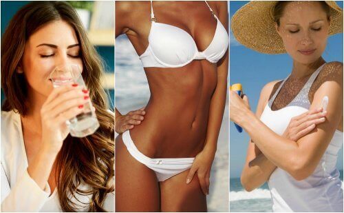 beyaz bikinili kadın su içmek güneş sonrası kremi 