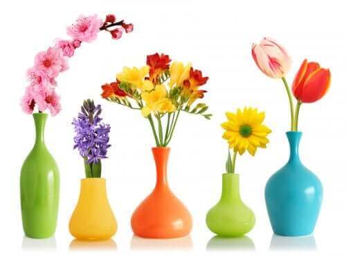 içi çiçek dolu renkli vazolar