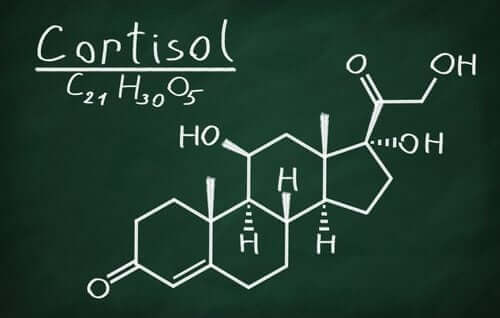 Kimya dersinde tahtaya yazılmış Kortizol hormonu formülü.