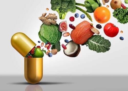 Bir vitamin desteğinin içinde bulunan gıdaları gösteren bir illüstrasyon.