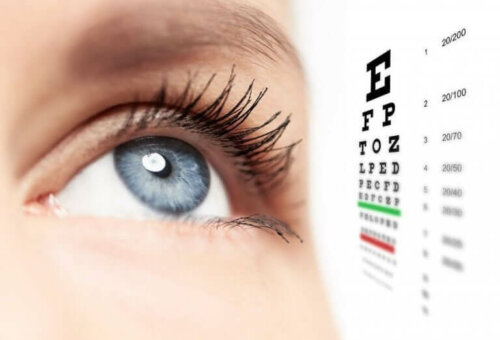 Bir kişinin gözü ve bir görme testi.