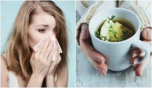 Burnunu silen bir kadın ve öksürük için yapılmış bir çay.