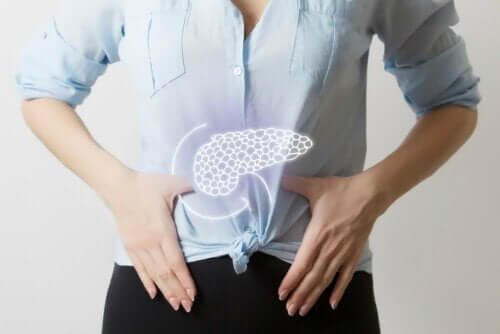 Pankreasını gösteren bir kadın.