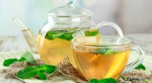 Cam bir demlik ve bardakta nane çayı.