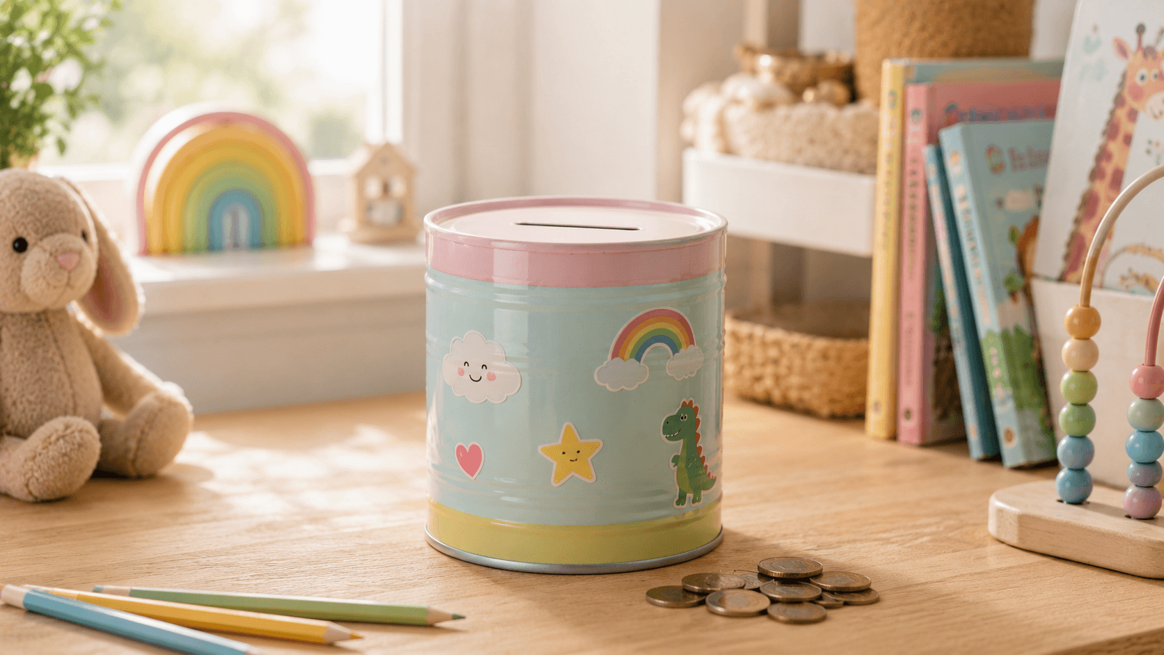 Alcancía infantil hecha al reutilizar latas de conserva decorada con colores pastel y pegatinas sobre un escritorio.