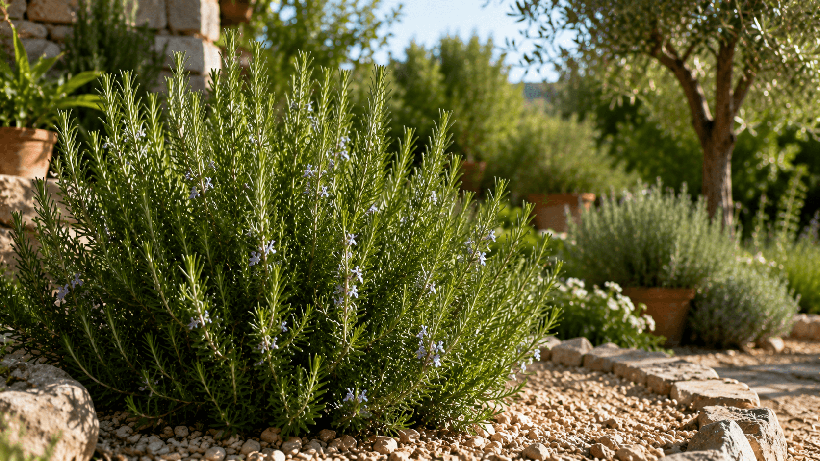 Arbusto de romero creciendo en un jardín soleado con suelo drenante y vegetación mediterránea alrededor.