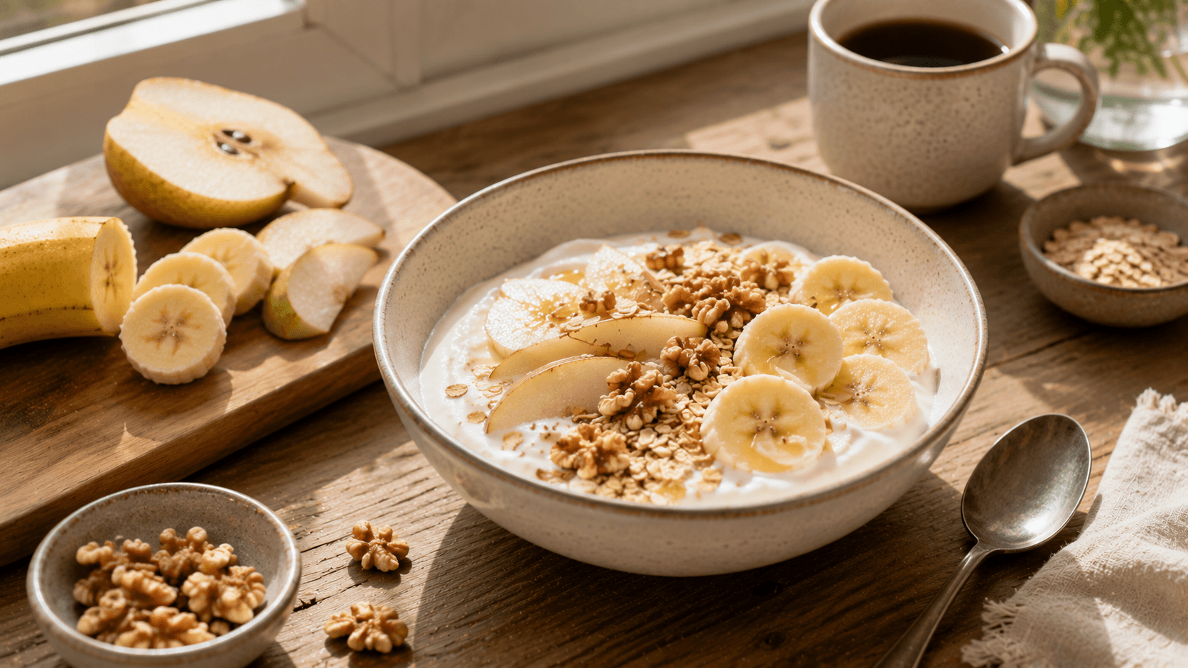 Bol de yogur con avena, plátano, pera y nueces servido junto a fruta fresca en una mesa iluminada por el sol.