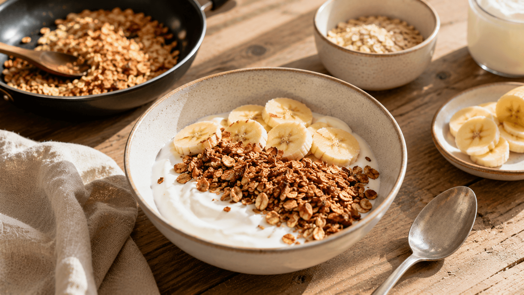 Bol de yogur con avena tostada crujiente y rodajas de plátano, acompañado por avena recién tostada en una sartén.