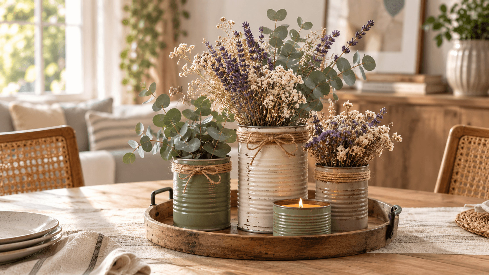Centro decorativo hecho al reutilizar latas de conserva con flores secas y eucalipto sobre una bandeja de madera.