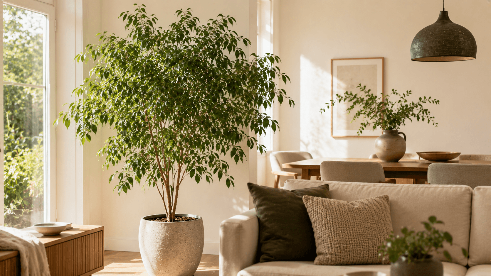 Ficus benjamina de copa frondosa en un salón con luz natural, cultivado en maceta como planta de interior.