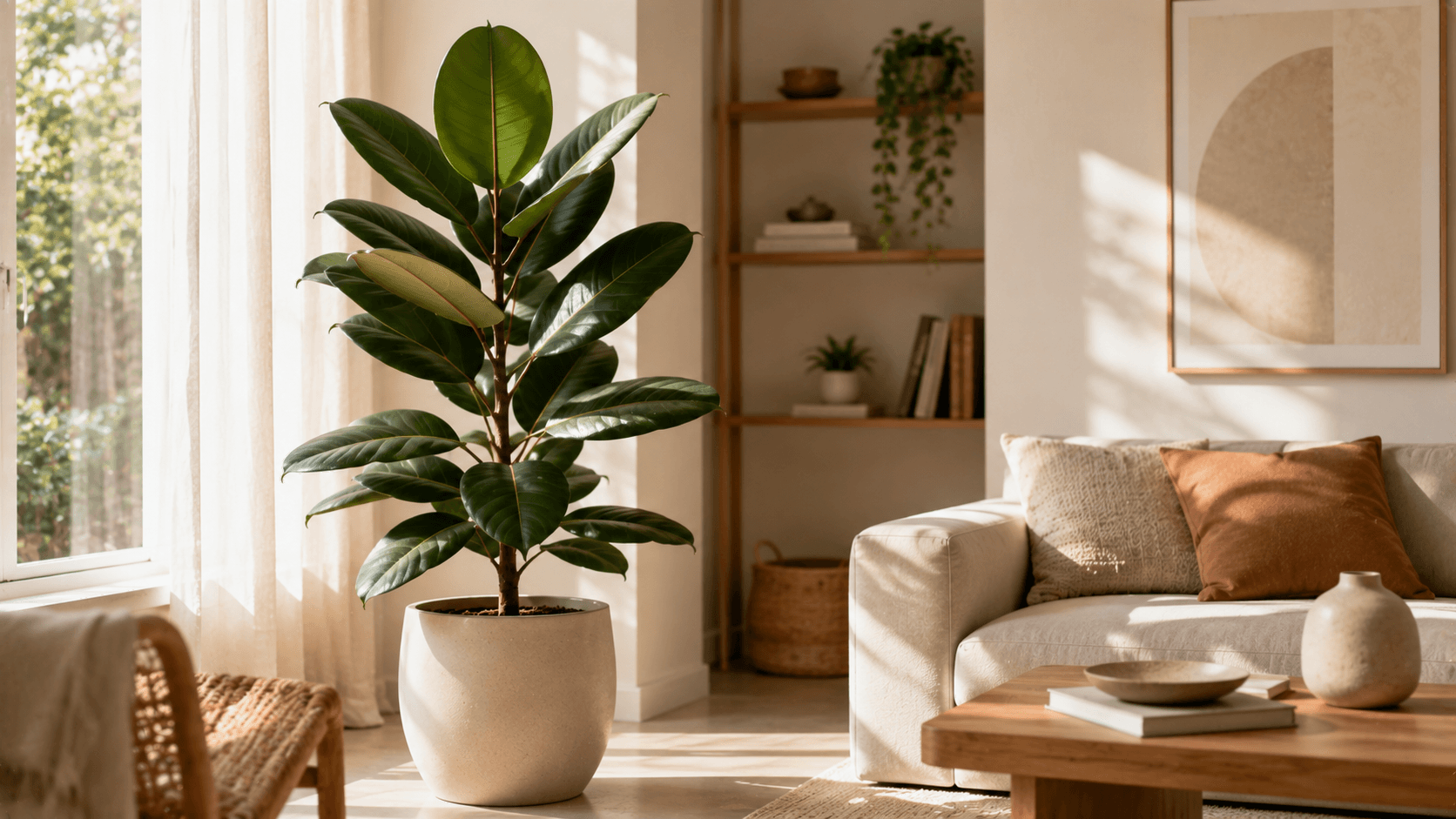 Ficus elastica en maceta dentro de un salón luminoso, una de las variedades de ficus más resistentes para cultivar en interior.