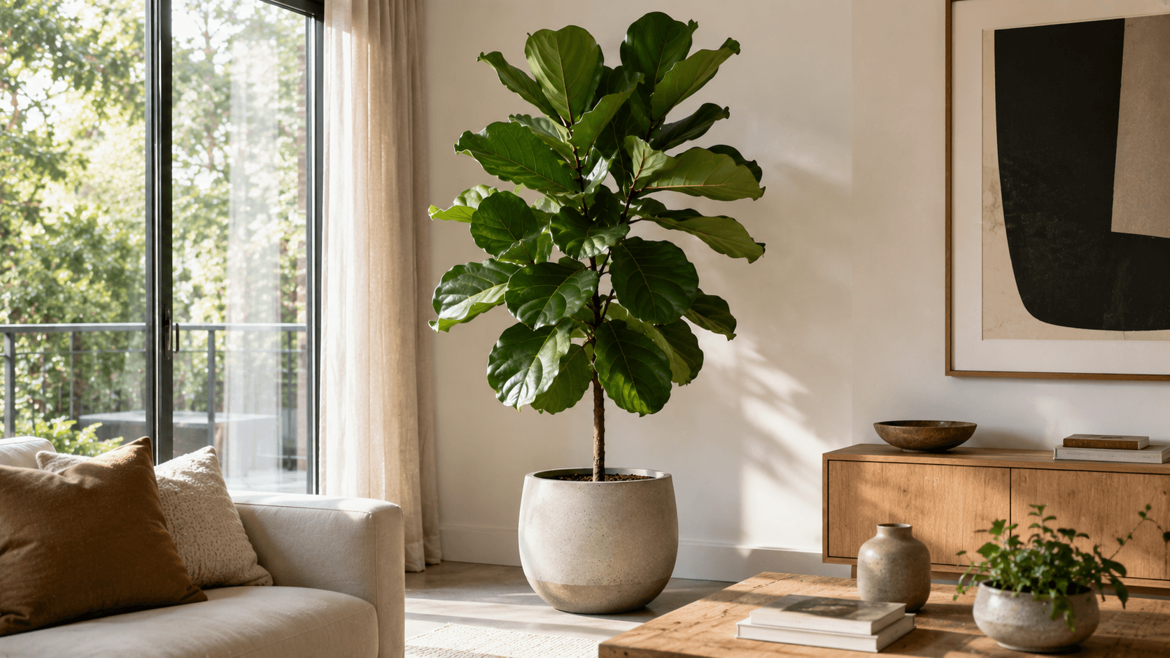 Ficus lyrata con grandes hojas verdes en una maceta decorativa junto a una ventana con abundante luz indirecta.