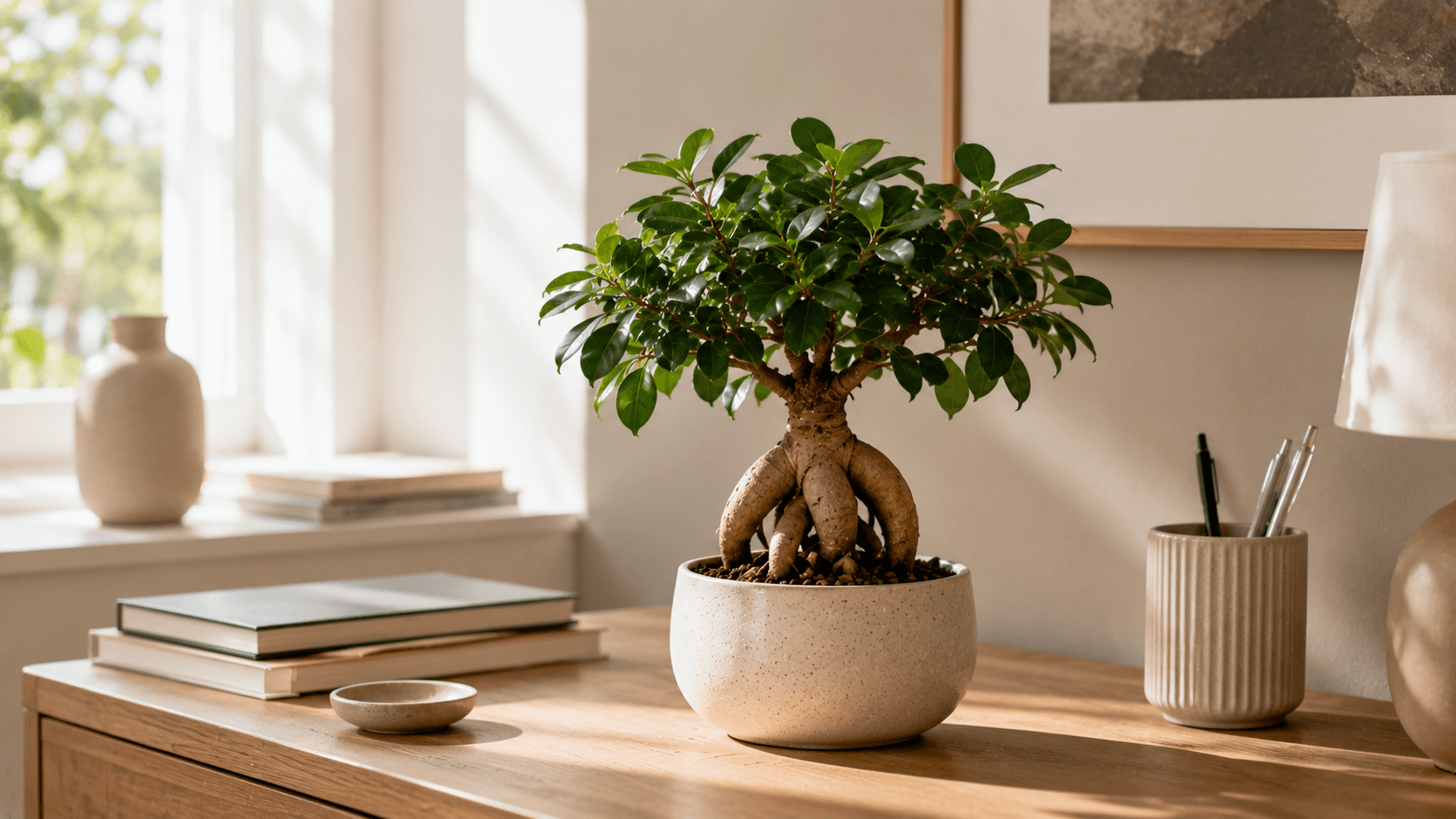 Ficus microcarpa 'Ginseng' con tronco grueso y raíces visibles sobre un escritorio, cultivado en una maceta pequeña.