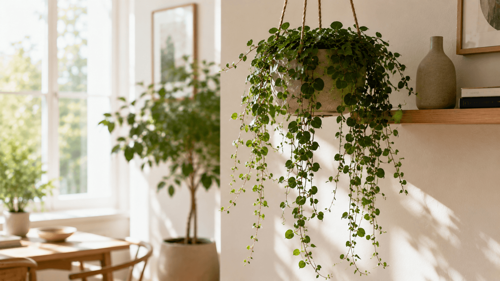 Ficus pumila en maceta colgante con largas ramas y abundante follaje en un interior luminoso de estilo contemporáneo.