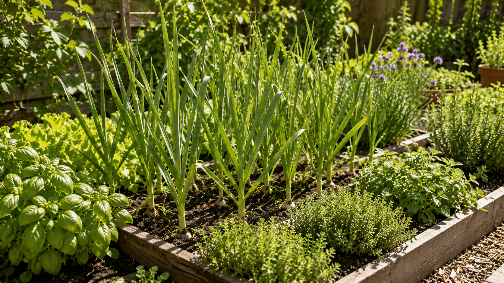 Hileras de ajo cultivadas entre hierbas aromáticas y hortalizas en un huerto doméstico bien organizado.