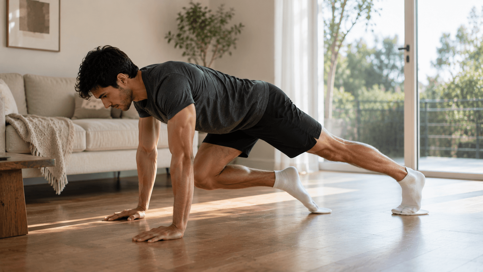Hombre haciendo una plancha con una pierna deslizante sobre suelo liso para mejorar la estabilidad y fortalecer el core.