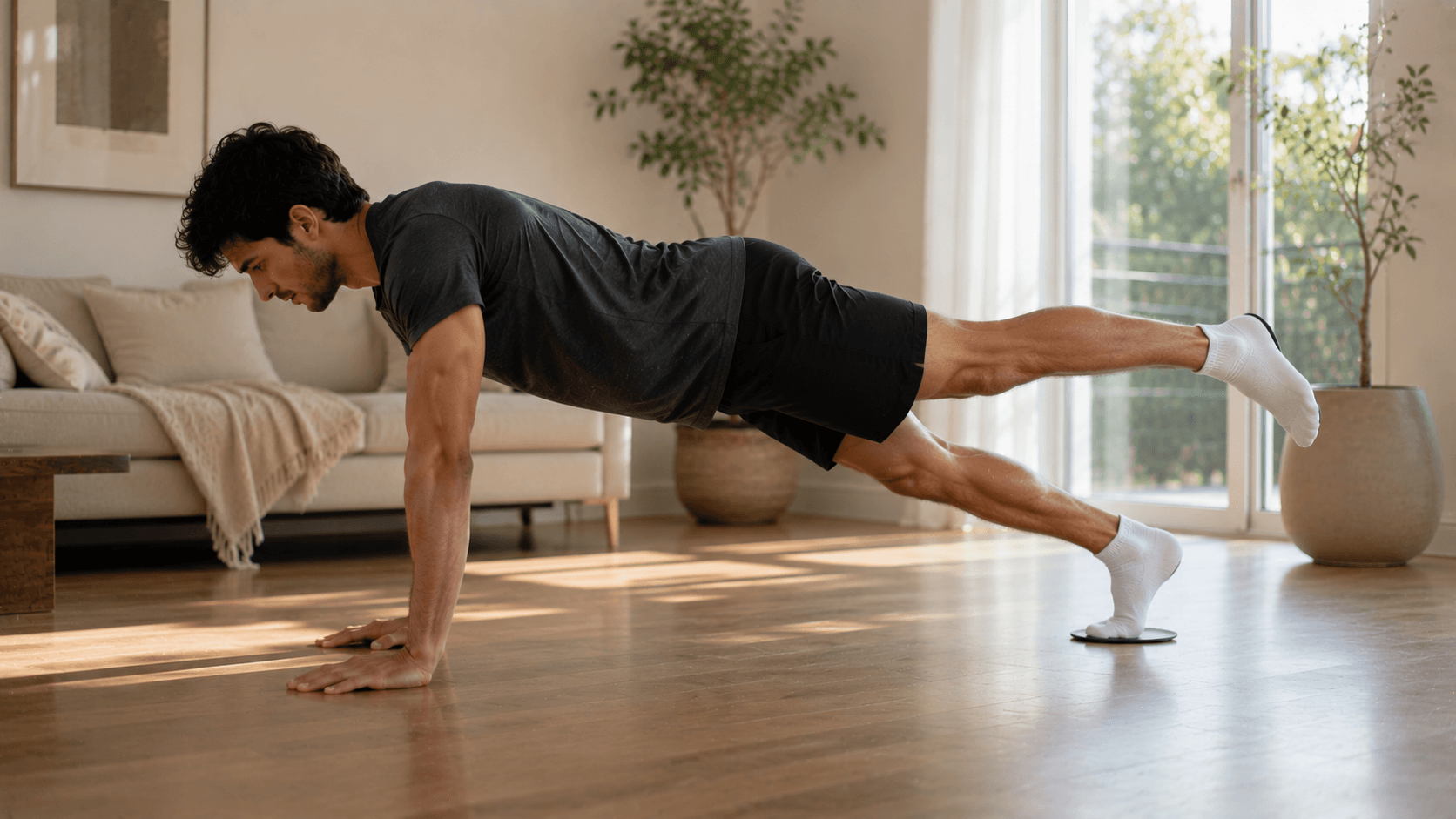 Hombre realizando una plancha con elevación alterna y calcetines para trabajar el equilibrio, el abdomen y el core.