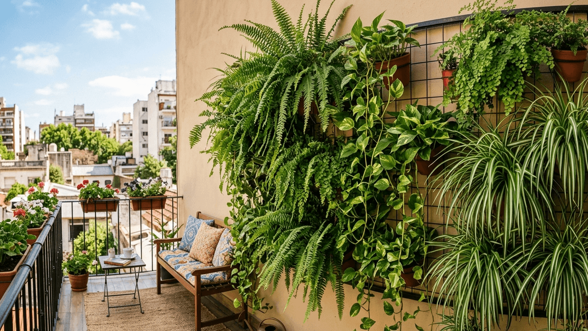 Jardín vertical con helechos, potos y cintas