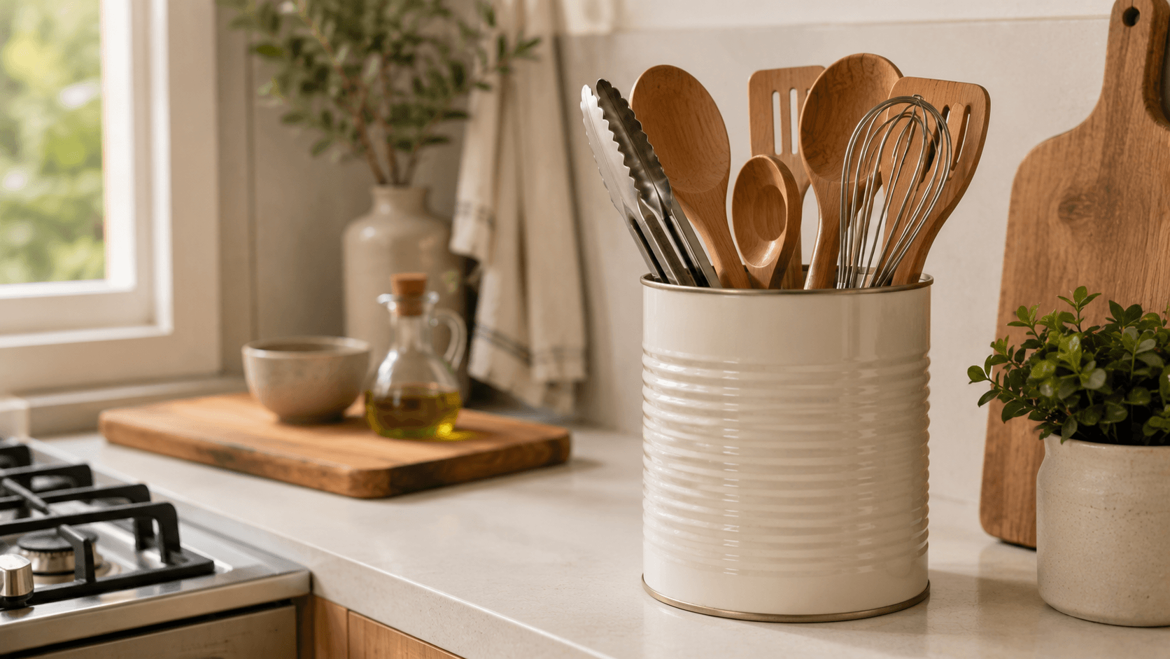Lata de conserva reutilizada como organizador de utensilios de cocina con cucharas, espátulas y batidor.