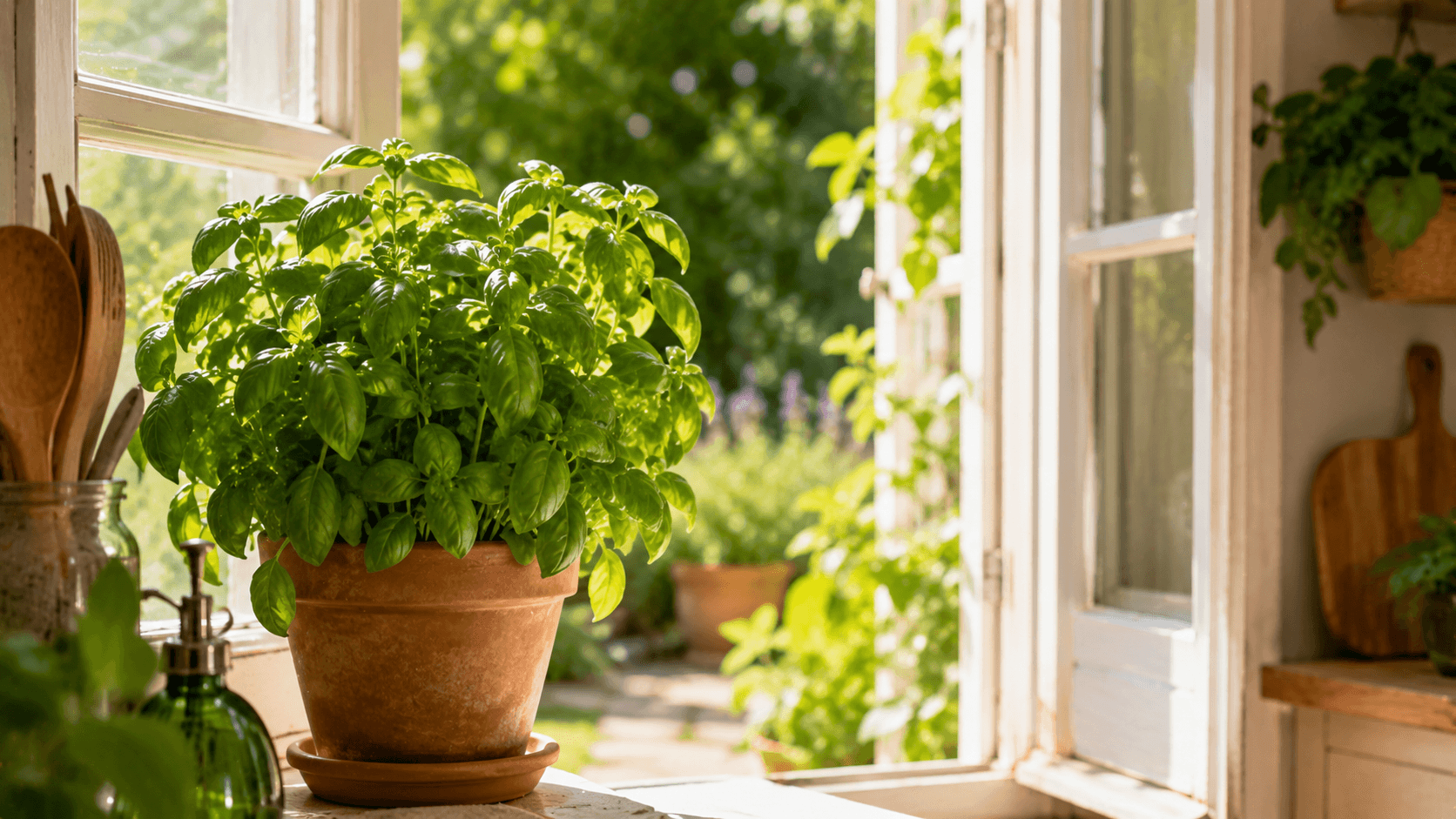Maceta de albahaca junto a una ventana soleada, una de las plantas aromáticas más utilizadas para ayudar a controlar plagas en verano.