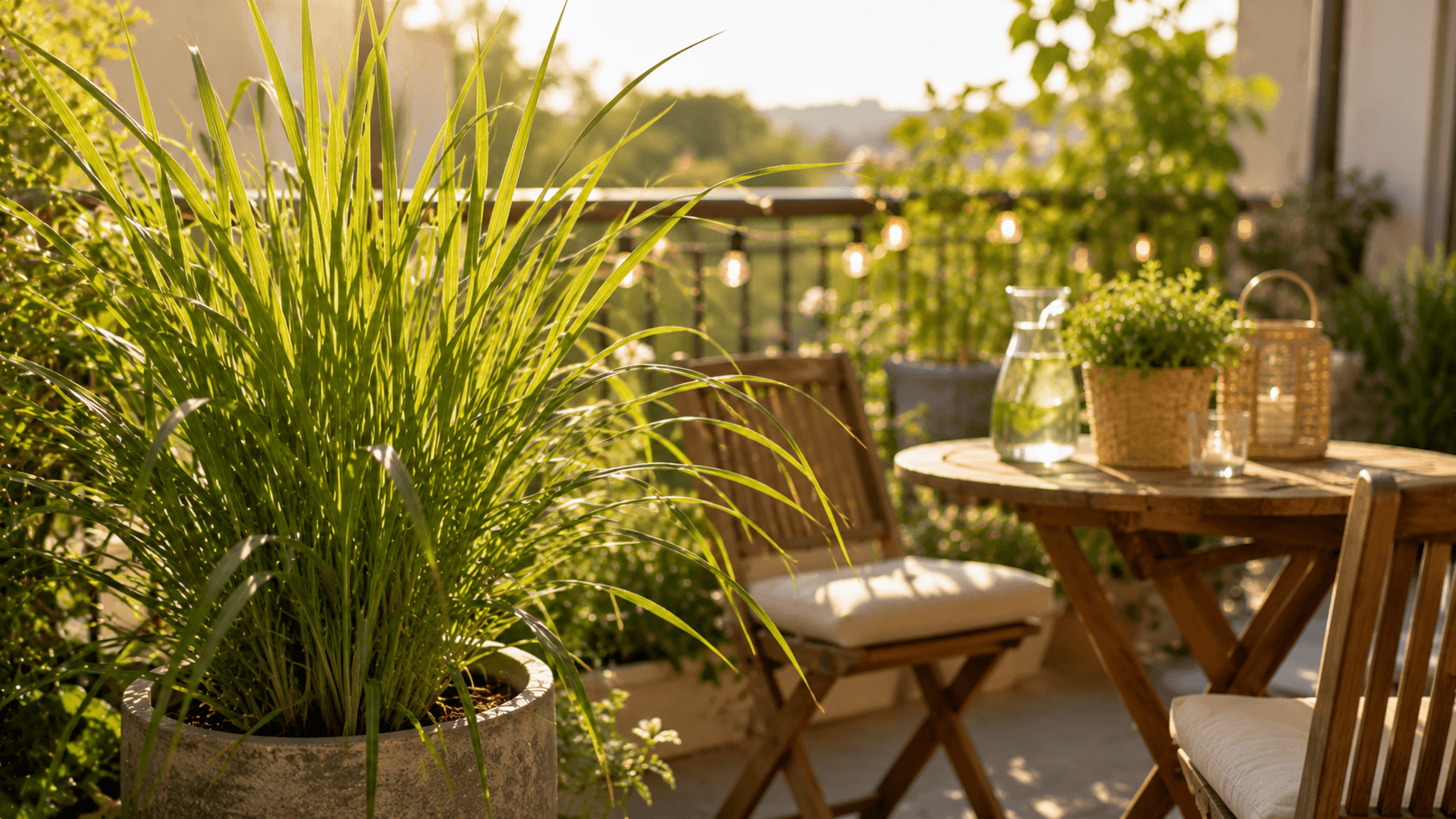 Maceta de citronela en una terraza con mobiliario exterior, una planta conocida por su aroma cítrico durante el verano.