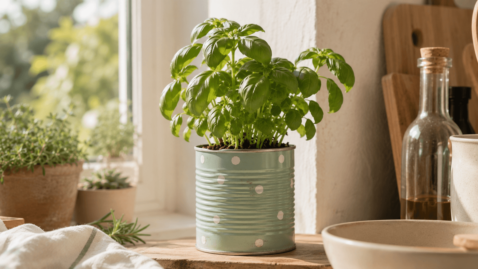 Maceta hecha al reutilizar una lata de conserva con una planta de albahaca junto a una ventana iluminada.