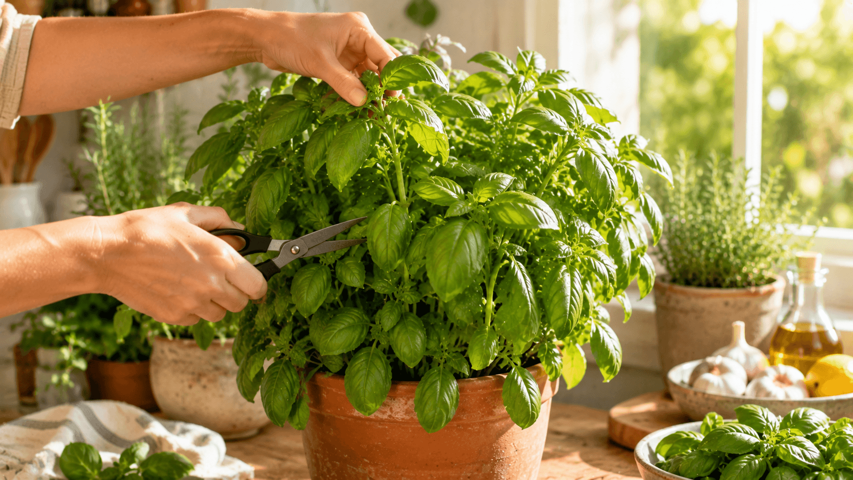 Mano pinzando una planta de albahaca frondosa en maceta para estimular la producción de nuevas hojas aromáticas.