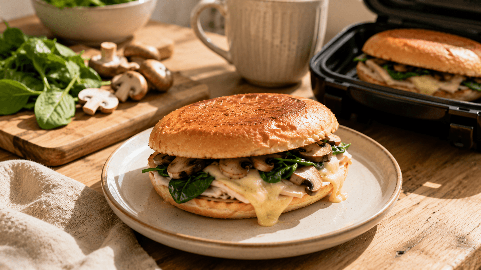 Mini sándwich de pan de hamburguesa con queso fundido, espinacas y champiñones, una forma de aprovechar pan de hamburguesa sobrante.