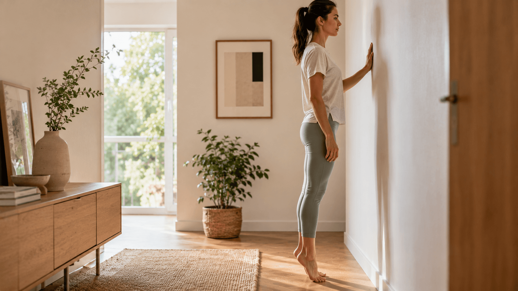 Mujer elevando los talones con apoyo en la pared durante una rutina rápida de piernas y glúteos en casa.