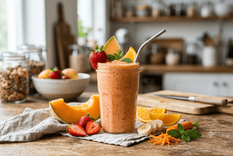 Olgun meyvelerden yararlanarak, şeker eklemeden doyurucu ve renkli bir smoothie elde etmek için mükemmel bir kombinasyon.