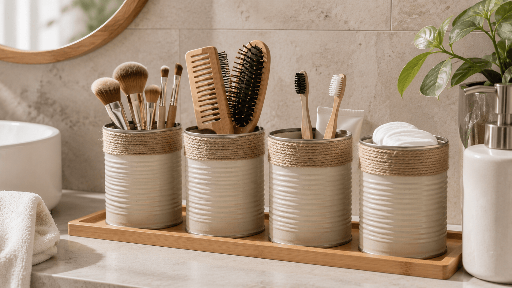 Organizadores de baño hechos al reutilizar latas de conserva con cepillos, maquillaje y accesorios sobre una bandeja.