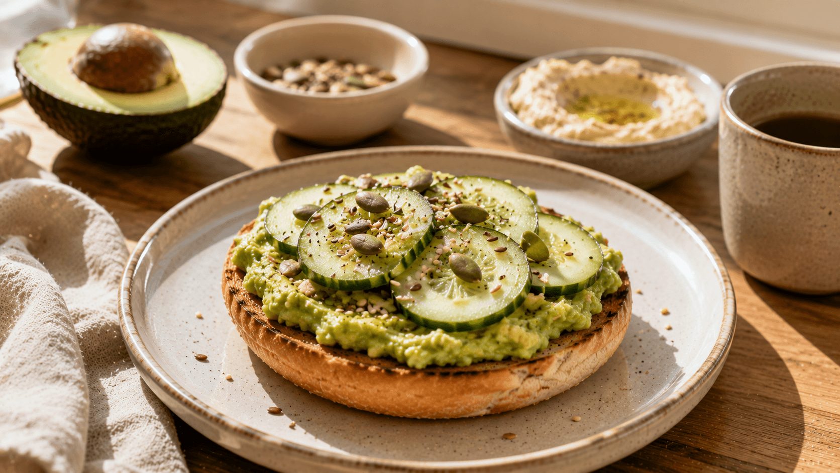 Pan de hamburguesa tostado con aguacate, pepino y semillas, una idea para reutilizar pan de hamburguesa en un desayuno ligero.