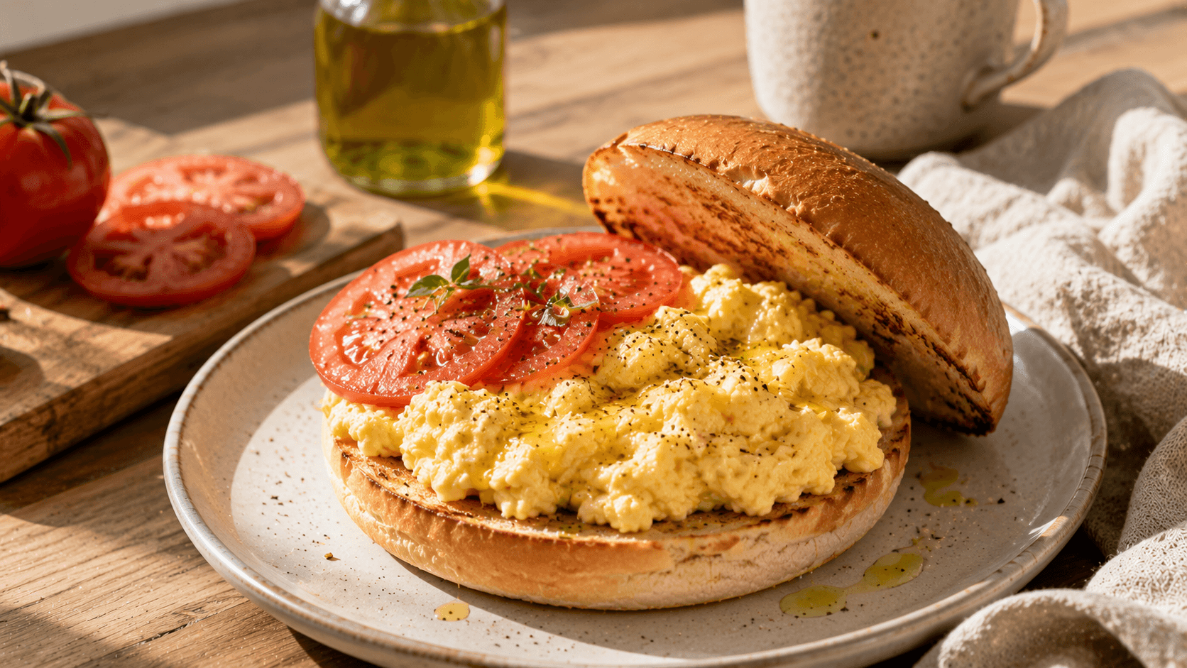 Pan de hamburguesa tostado con huevo revuelto, tomate y aceite de oliva como desayuno para aprovechar pan de hamburguesa sobrante.