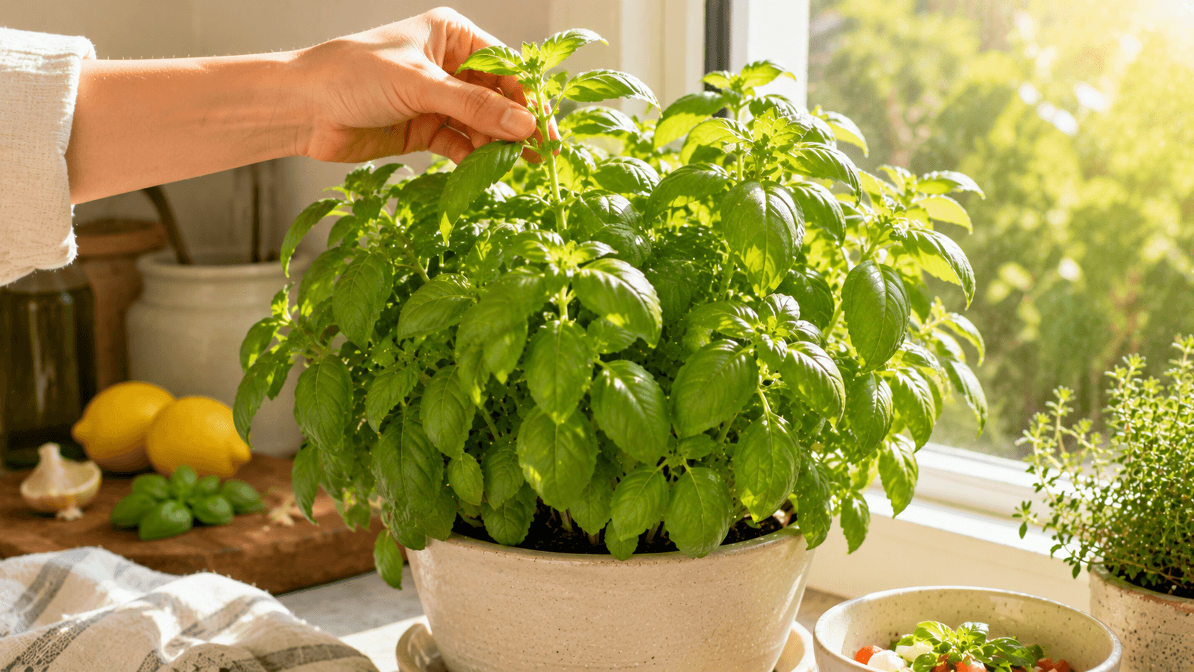 Planta de albahaca limón en una ventana soleada mientras una mano pinza sus brotes para favorecer un crecimiento frondoso.