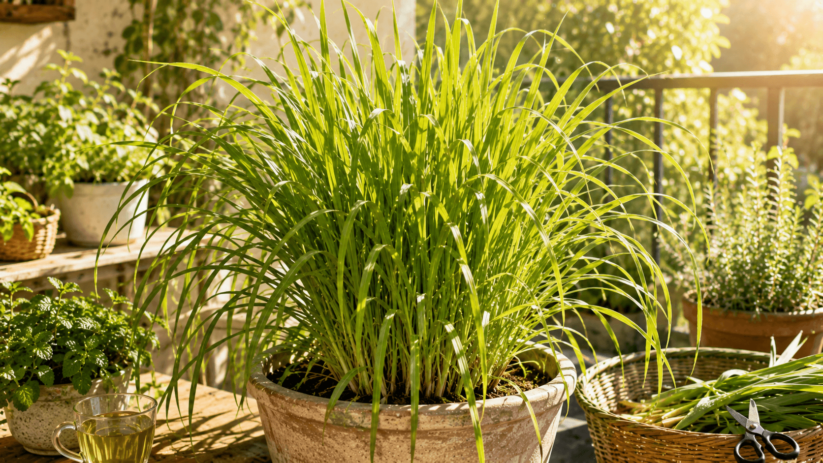 Planta de citronela o lemongrass en una maceta grande ubicada en un balcón soleado con abundante follaje verde.