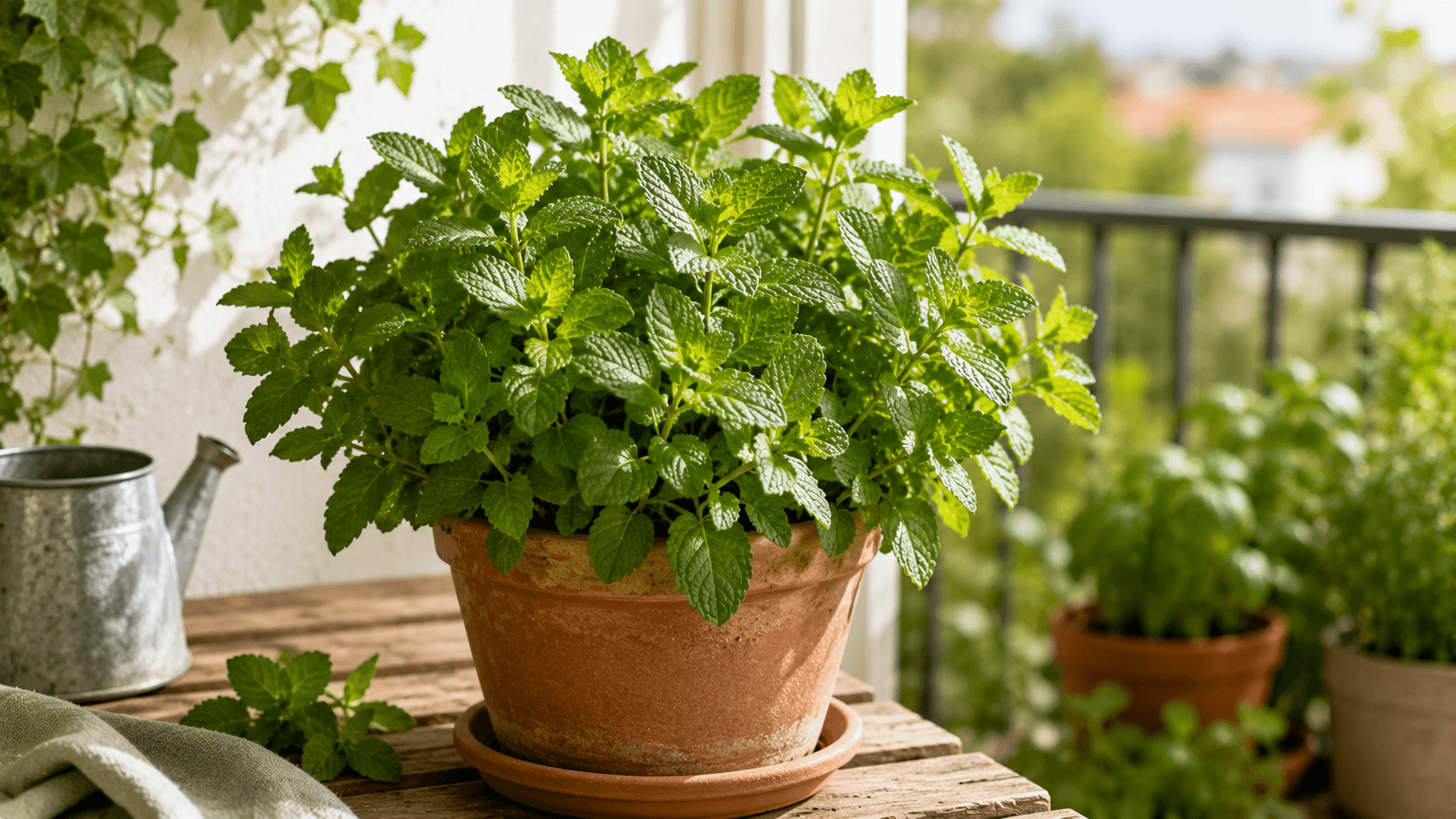 Planta de menta creciendo en maceta sobre una terraza luminosa, con hojas verdes abundantes y aroma intenso.