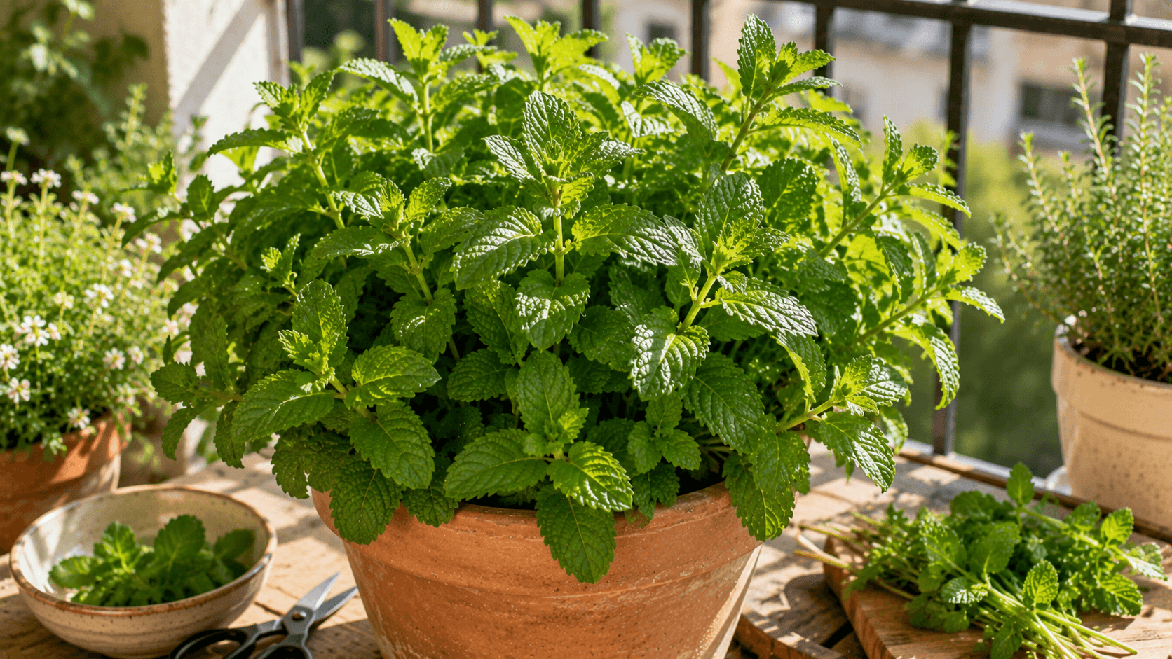 Planta de menta frondosa cultivada en una maceta independiente con abundantes hojas listas para usar en la cocina.