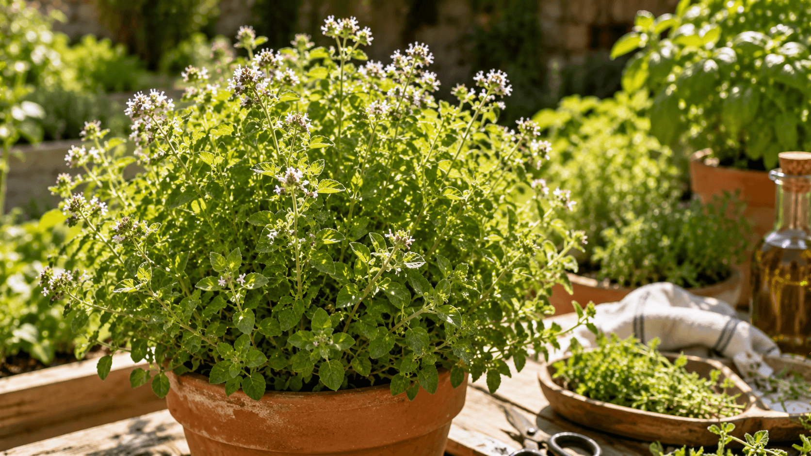 Planta de orégano en maceta con pequeñas flores, cultivada en un huerto soleado junto a otras hierbas aromáticas.