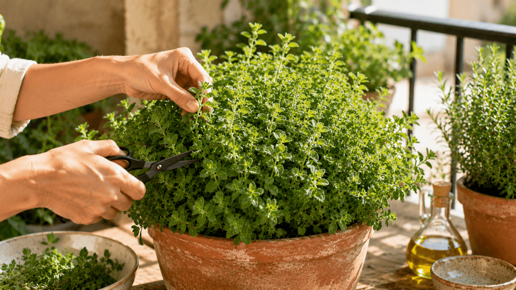 Una persona recorta una planta de orégano en maceta para favorecer el rebrote y obtener más hojas aromáticas.